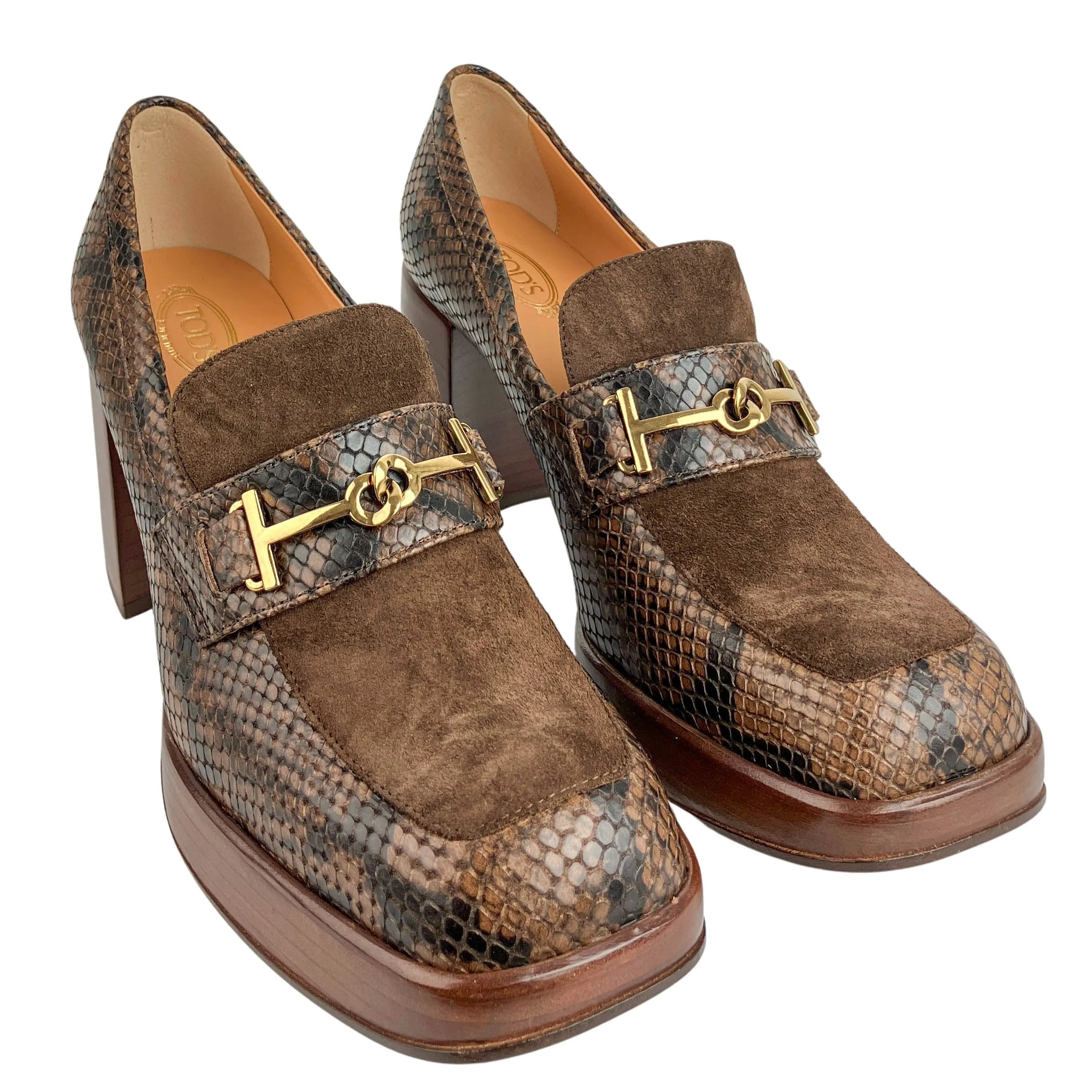 Tod's Snake-Effect Leather Loafer Pumps in Cafe