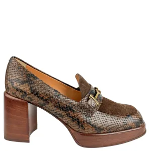 Tod's Snake-Effect Leather Loafer Pumps in Cafe