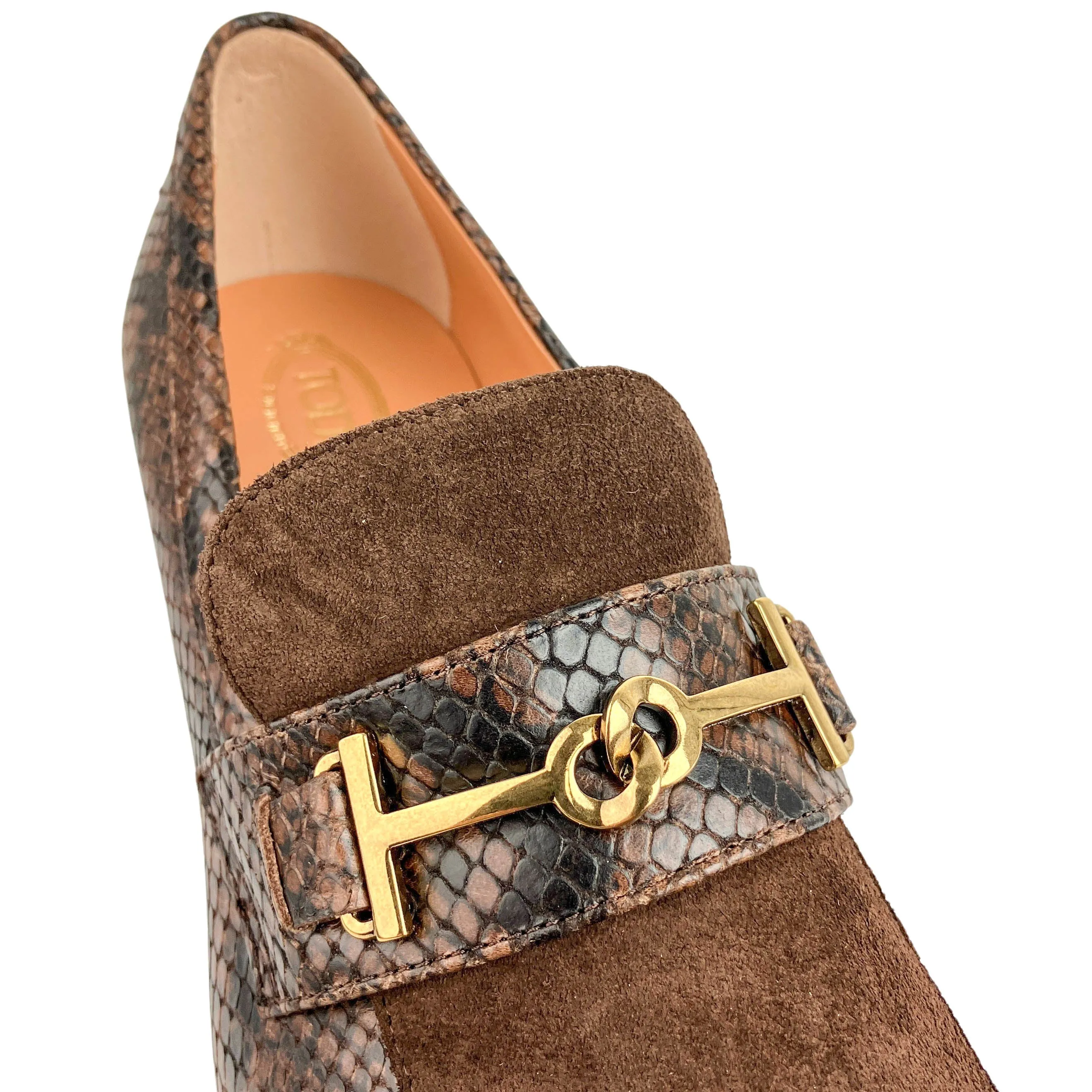 Tod's Snake-Effect Leather Loafer Pumps in Cafe