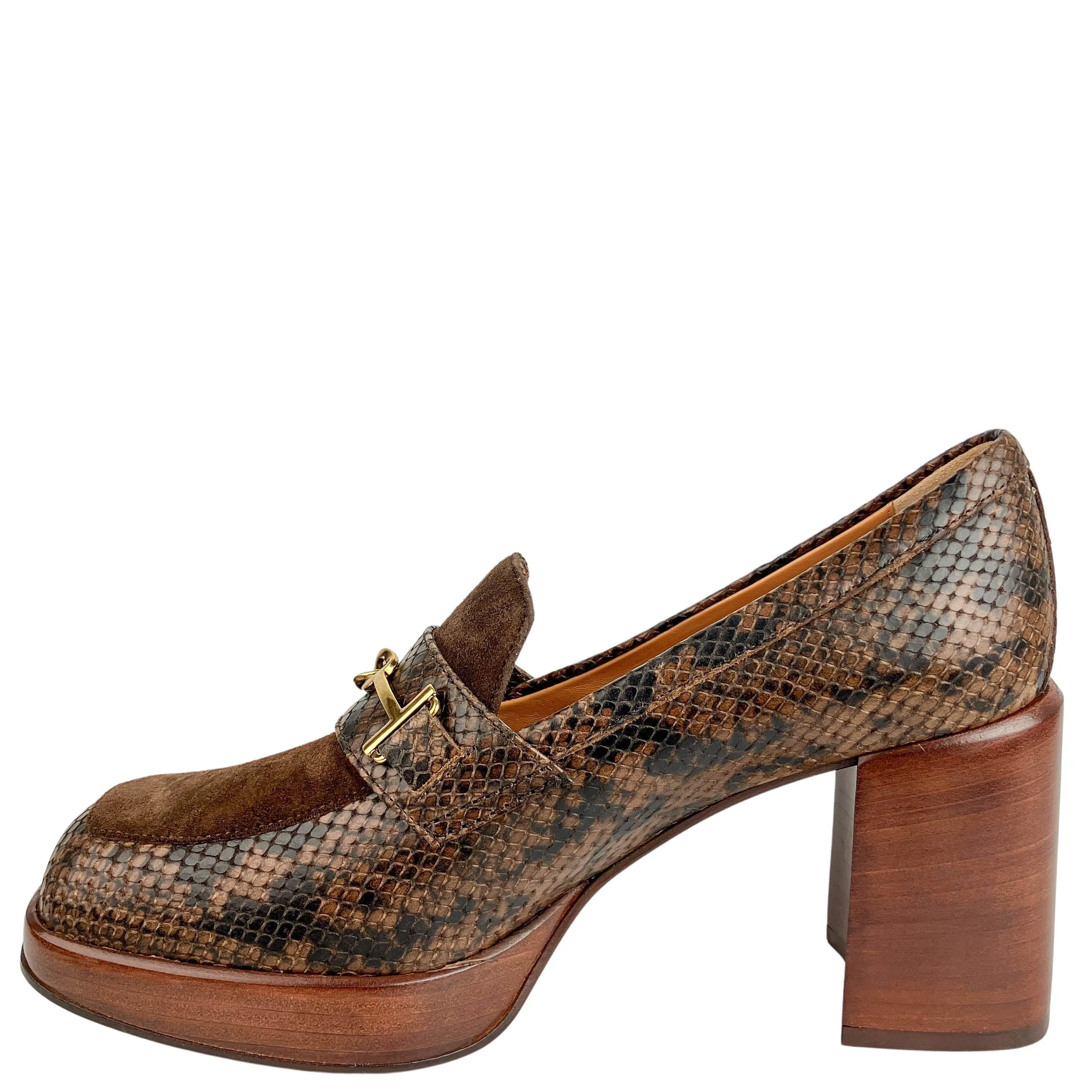 Tod's Snake-Effect Leather Loafer Pumps in Cafe