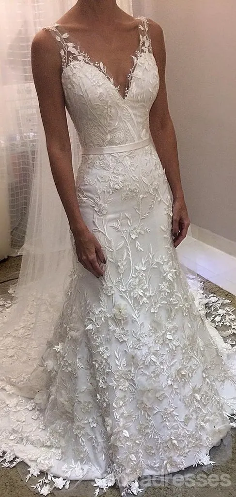 V Neck Backless Lace Mermaid Cheap Wedding Dresses Online, Cheap Bridal Dresses, WD530