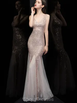 V Neck Rose Gold V Neck Mermaid Long Evening Prom Dresses, Evening Party Prom Dresses, 12322