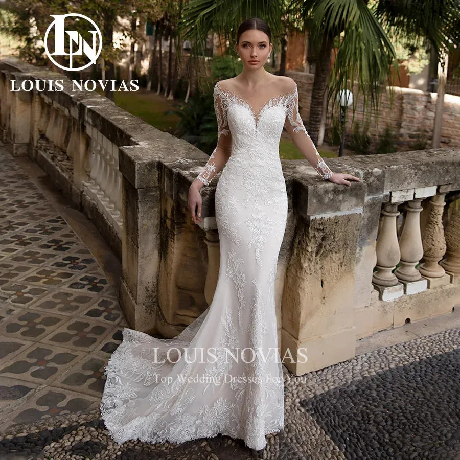 Wedding Dress For Women Detachable Train Long Sleeve Lace Appliques