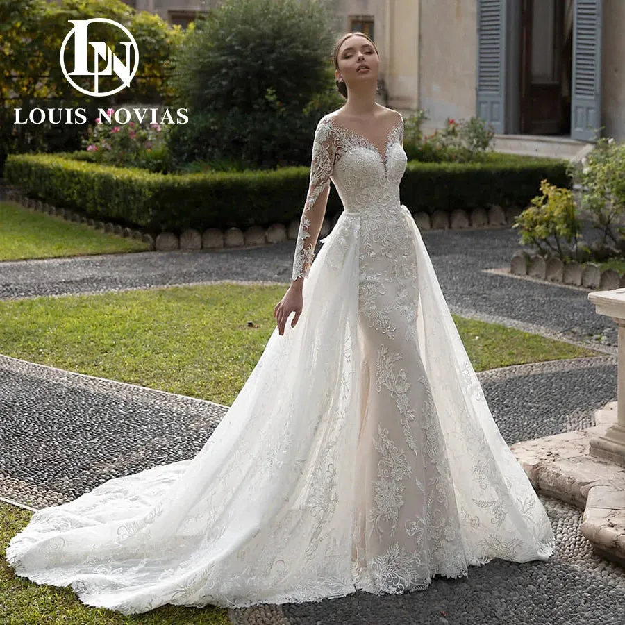 Wedding Dress For Women Detachable Train Long Sleeve Lace Appliques