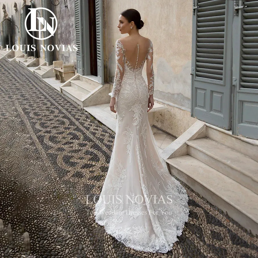 Wedding Dress For Women Detachable Train Long Sleeve Lace Appliques