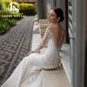 Wedding Dress For Women Detachable Train Long Sleeve Lace Appliques