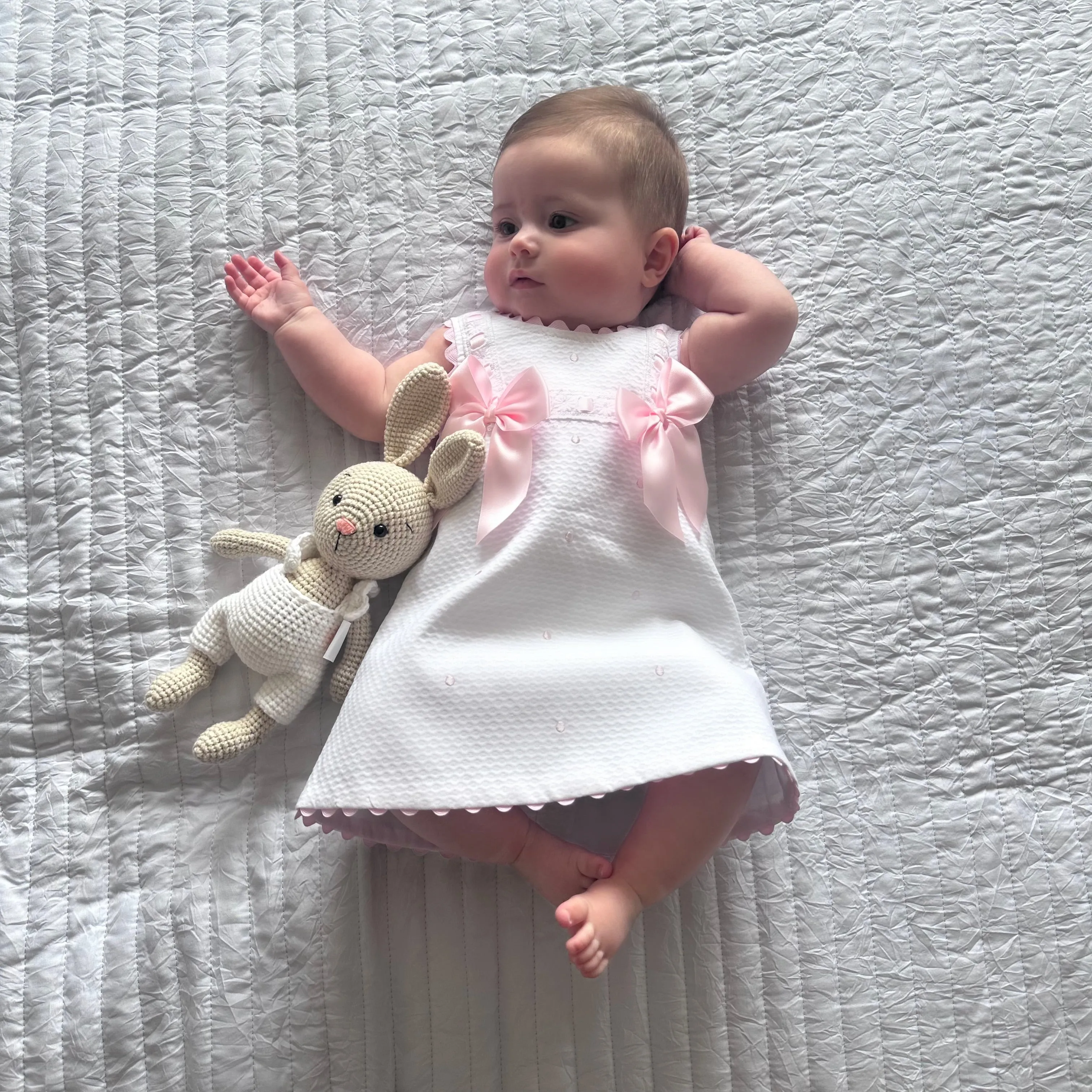 WeeMee White With Pink Bow Dress - Rebecca