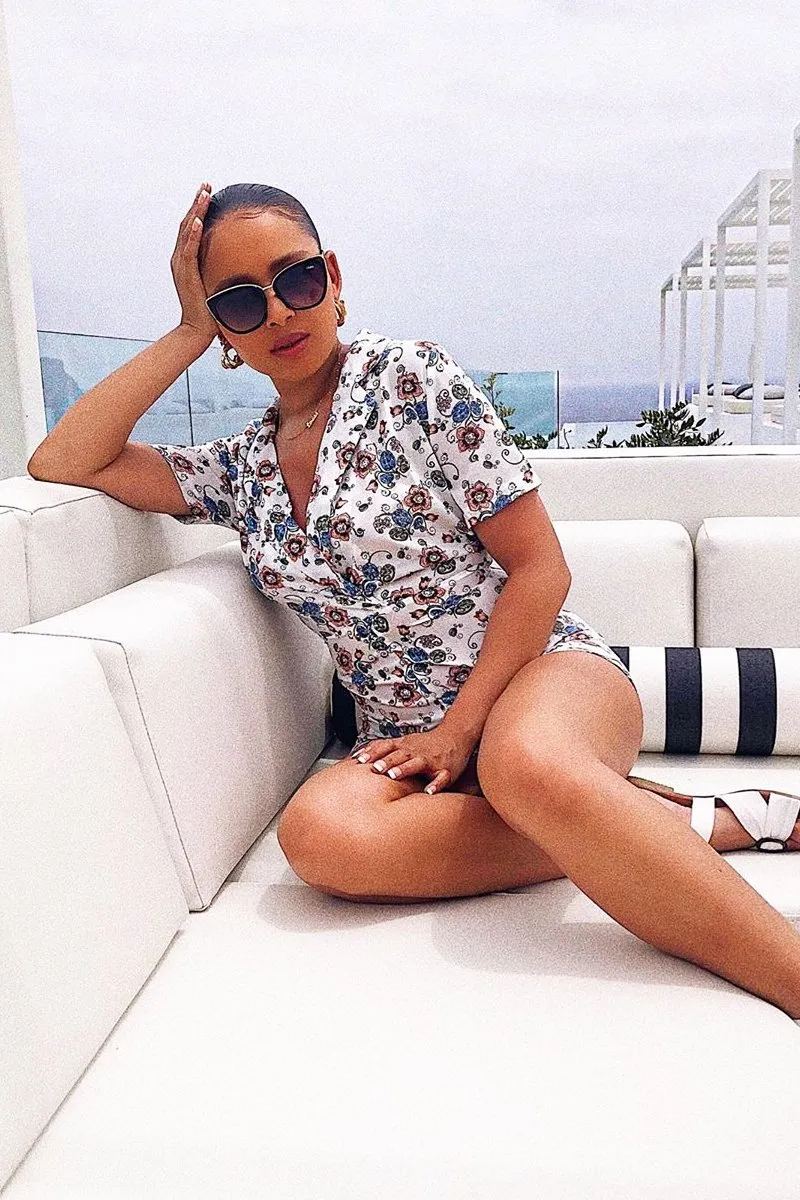 White Floral Plunge Belted Playsuit - Sway