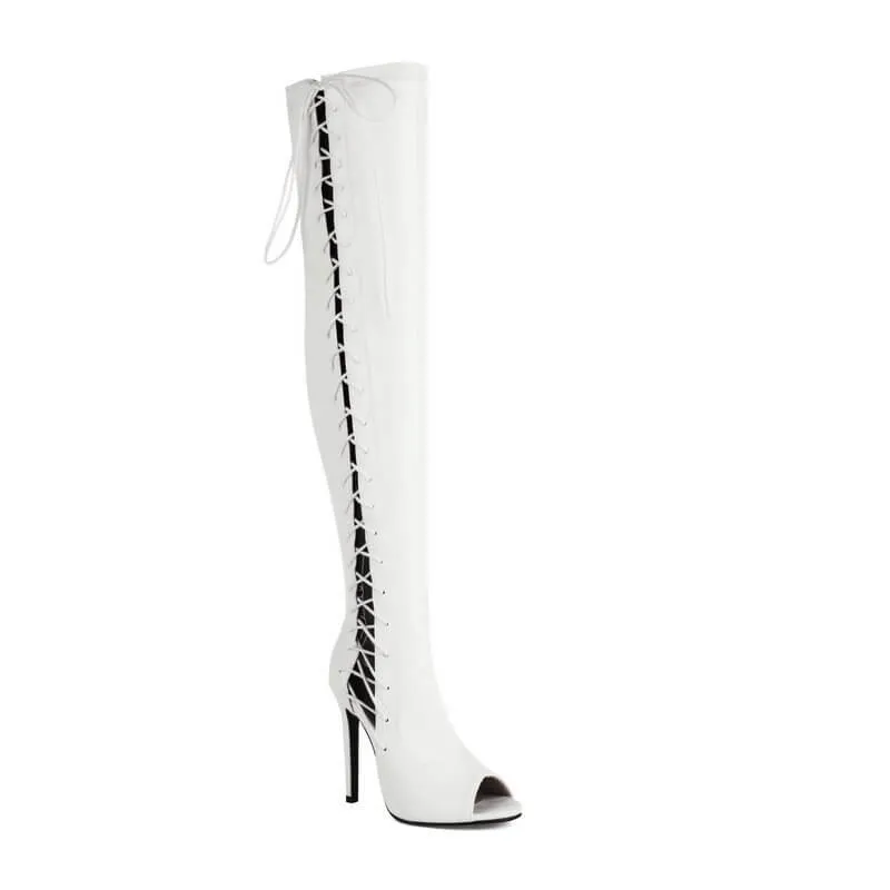 White Hollow Strap Over The Knee Boots