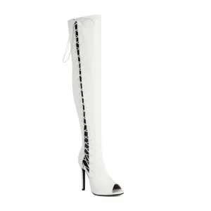 White Hollow Strap Over The Knee Boots