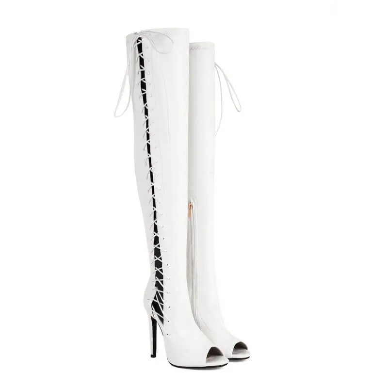 White Hollow Strap Over The Knee Boots