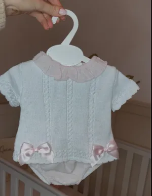 White Knitted Bow Top With Pink Bloomers - Rachel