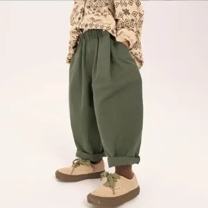 Wilder Button Waistband Wide Leg Cotton Trousers (Olive)