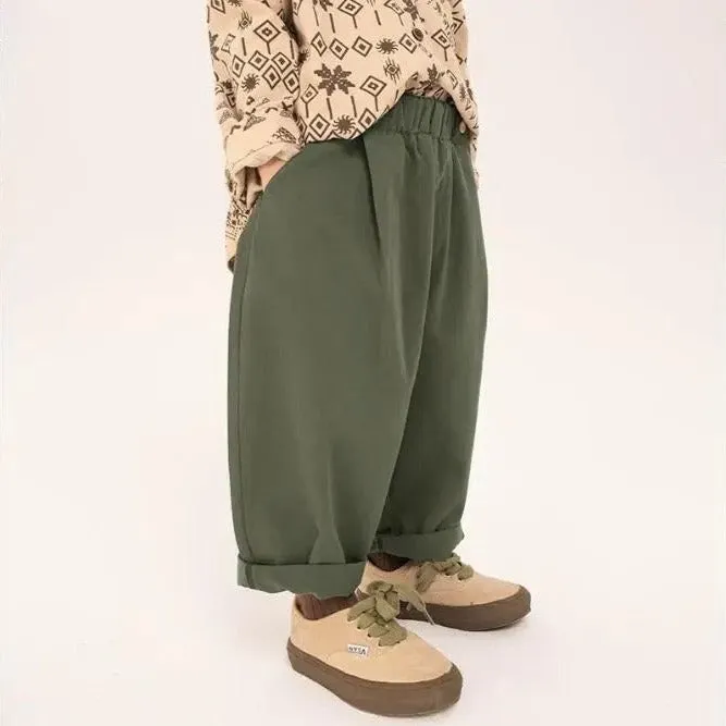 Wilder Button Waistband Wide Leg Cotton Trousers (Olive)