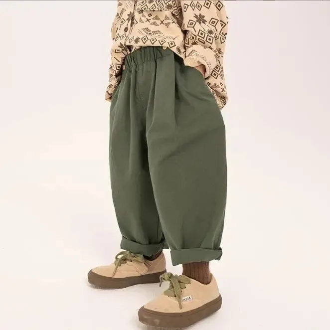 Wilder Button Waistband Wide Leg Cotton Trousers (Olive)