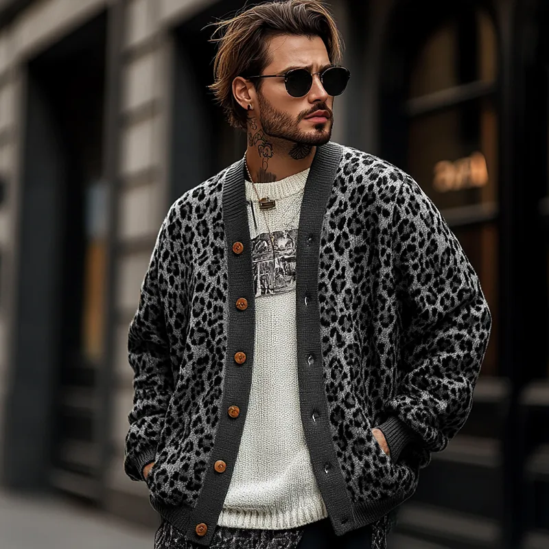 Xander - Men's Vintage Leopard Single Breasted Cardigan