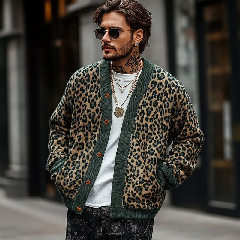 Xander - Men's Vintage Leopard Single Breasted Cardigan
