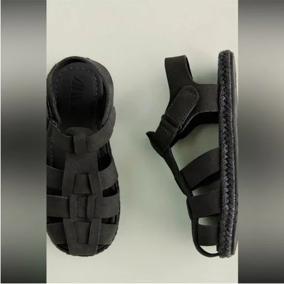 Zara kids, JUTE LEATHER CAGE SANDALS, 7 (5.6 inches) Gray