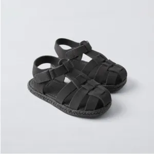 Zara kids, JUTE LEATHER CAGE SANDALS, 7 (5.6 inches) Gray